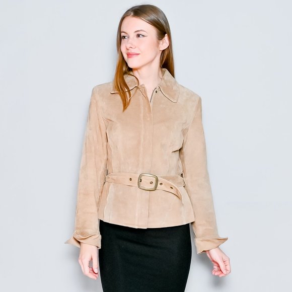 441. VINTAGE Context Leather Suede Tan Jacket with Belt Sz 8 - Picture 1 of 11